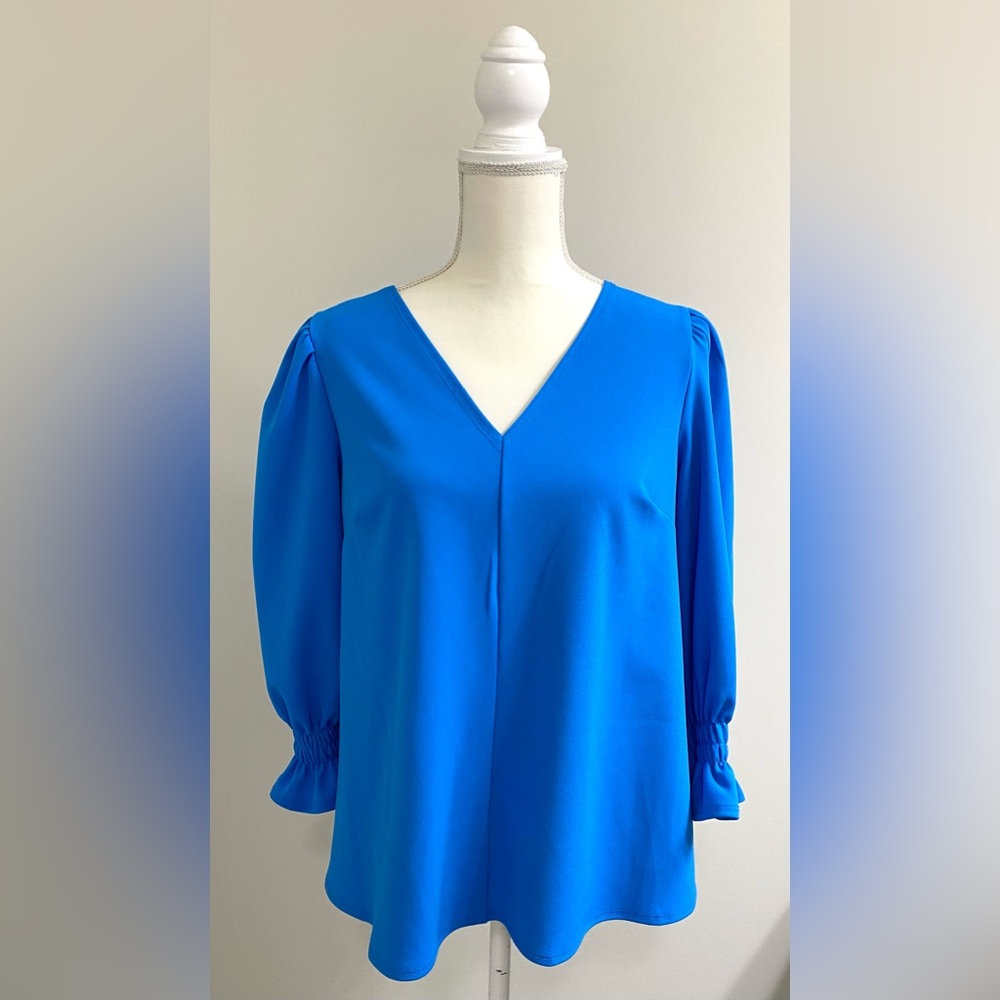 2 Hearts Womens S Blue Top Ruffle V-Neck Boho Fall Preppy Cottagecore Nautical